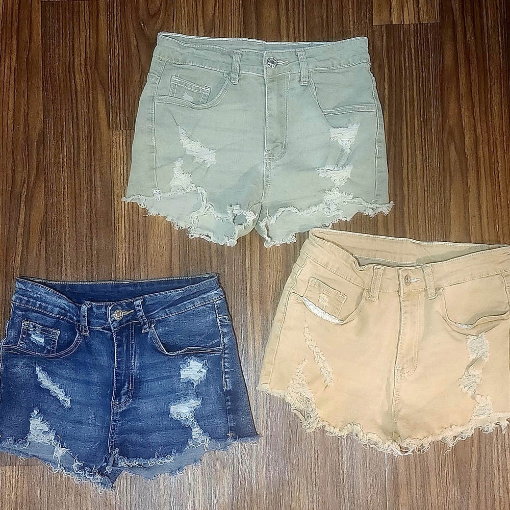 Bundle Of Stylish Women's Distressed Denim Shorts - Blue, Tan, Green